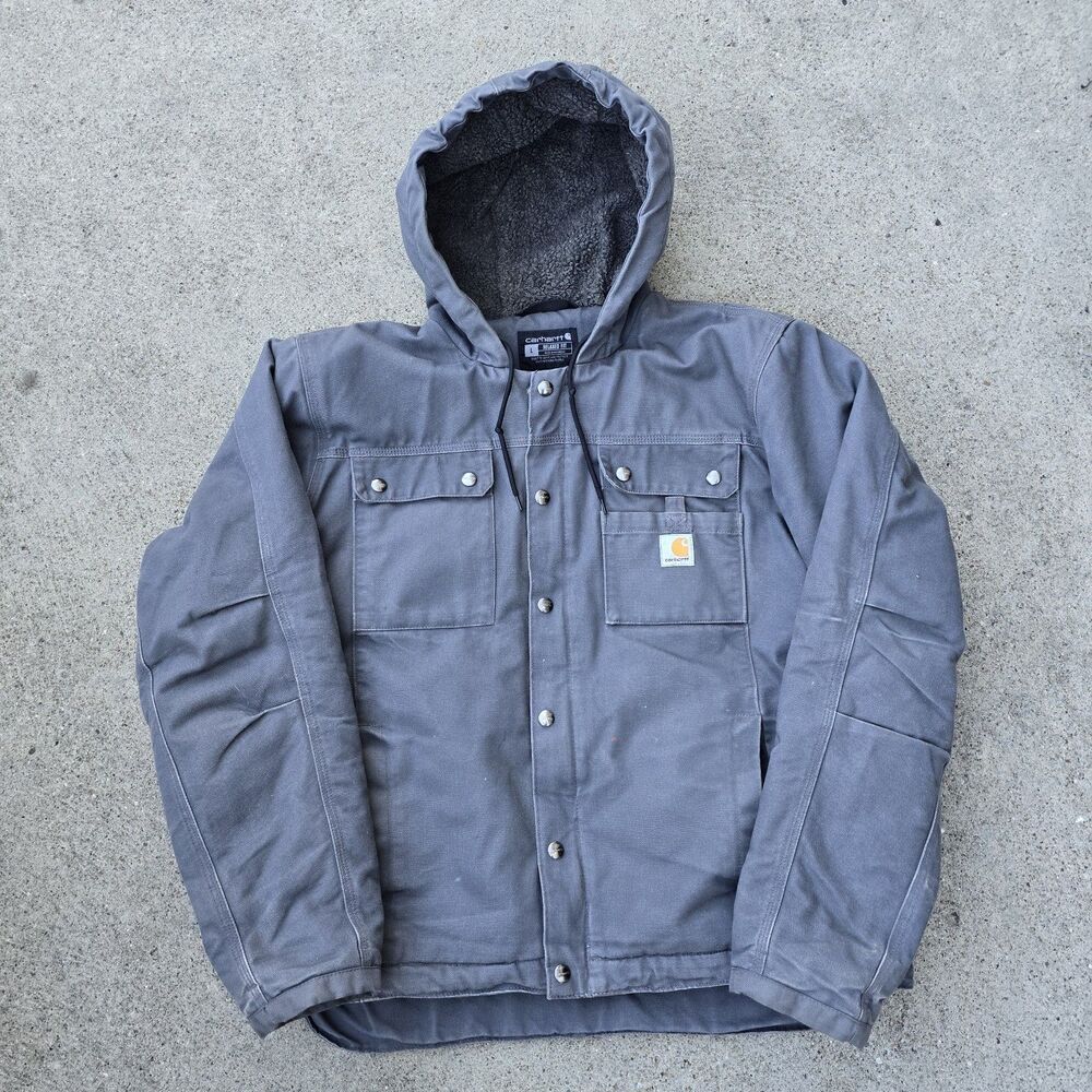 Carhartt Jacket Mens Large Gray Washed Duck Sherpa Lined Hooded 103826 GVL